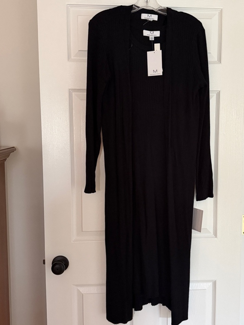 Magaschoni Black Long Sleeve Ribbed Knit Jacket and Sleeveless Midi Dress NWT L